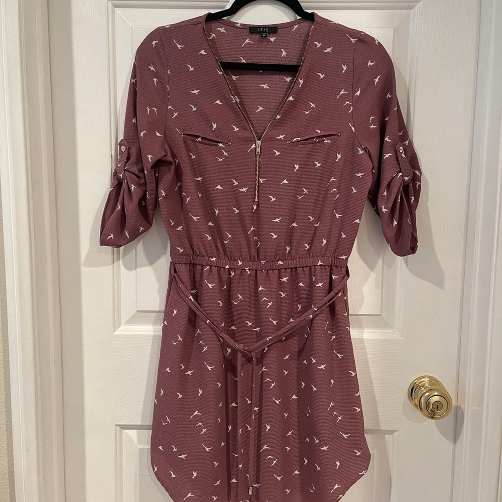 Mauve Bird Print Dress with Zipper